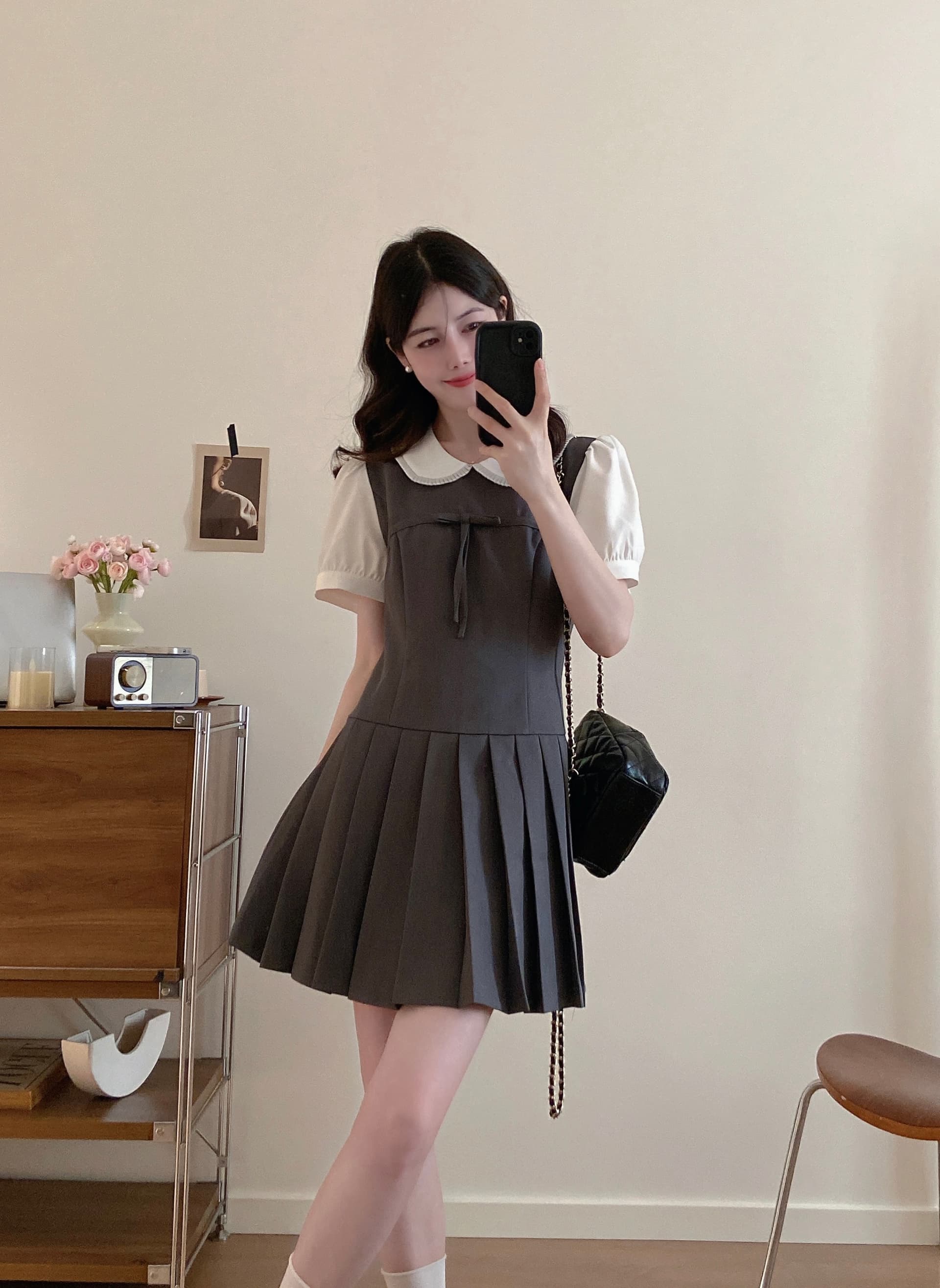 실사 even 하나 원자바오 m1u 부서 작은 한 부서 높음 지혜 센스 페이크 레이어드 드레스 여름 허리 수축 슬림해 보이는 플리츠 미니 스커트 상세 이미지 8