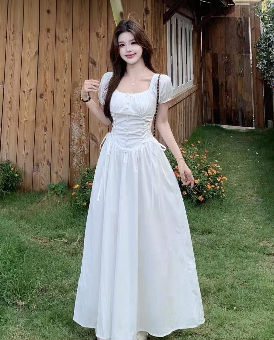 실사 빅 사이즈 지방 mm 여름 프랑스식 광장 칼라 디자인 센스 스트랩 허리 수축 슬립 드레스 롱 코트 한 마디 여성 드레스 상세 이미지 7