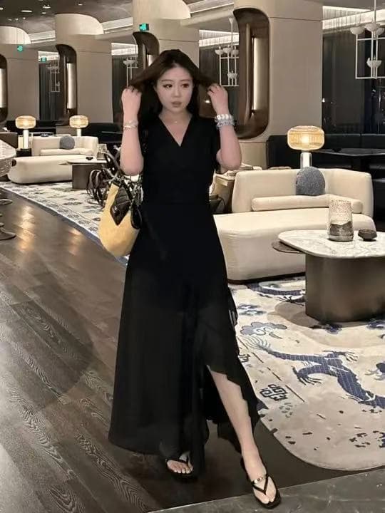 여름 2026 새로운 프랑스식 패션 고급 다용도 트임 불규칙 허리 수축 슬림해 보이는 빅 사이즈 드레스 지방 mm 이미지 4