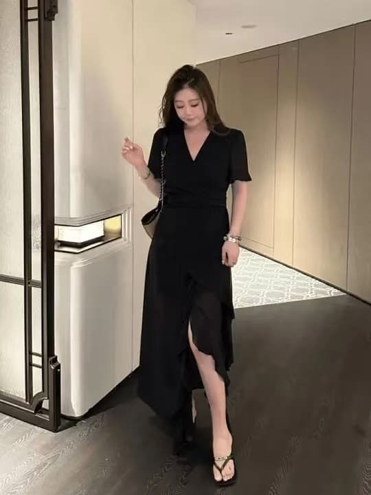 여름 2026 새로운 프랑스식 패션 고급 다용도 트임 불규칙 허리 수축 슬림해 보이는 빅 사이즈 드레스 지방 mm 상세 이미지 2