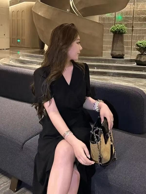 여름 2026 새로운 프랑스식 패션 고급 다용도 트임 불규칙 허리 수축 슬림해 보이는 빅 사이즈 드레스 지방 mm 상세 이미지 3