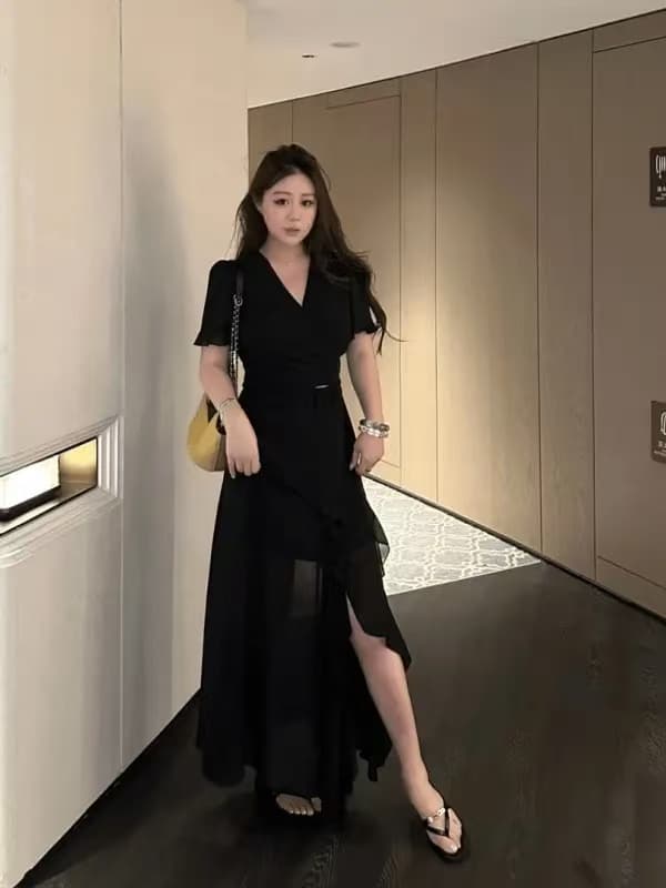 여름 2026 새로운 프랑스식 패션 고급 다용도 트임 불규칙 허리 수축 슬림해 보이는 빅 사이즈 드레스 지방 mm 상세 이미지 5