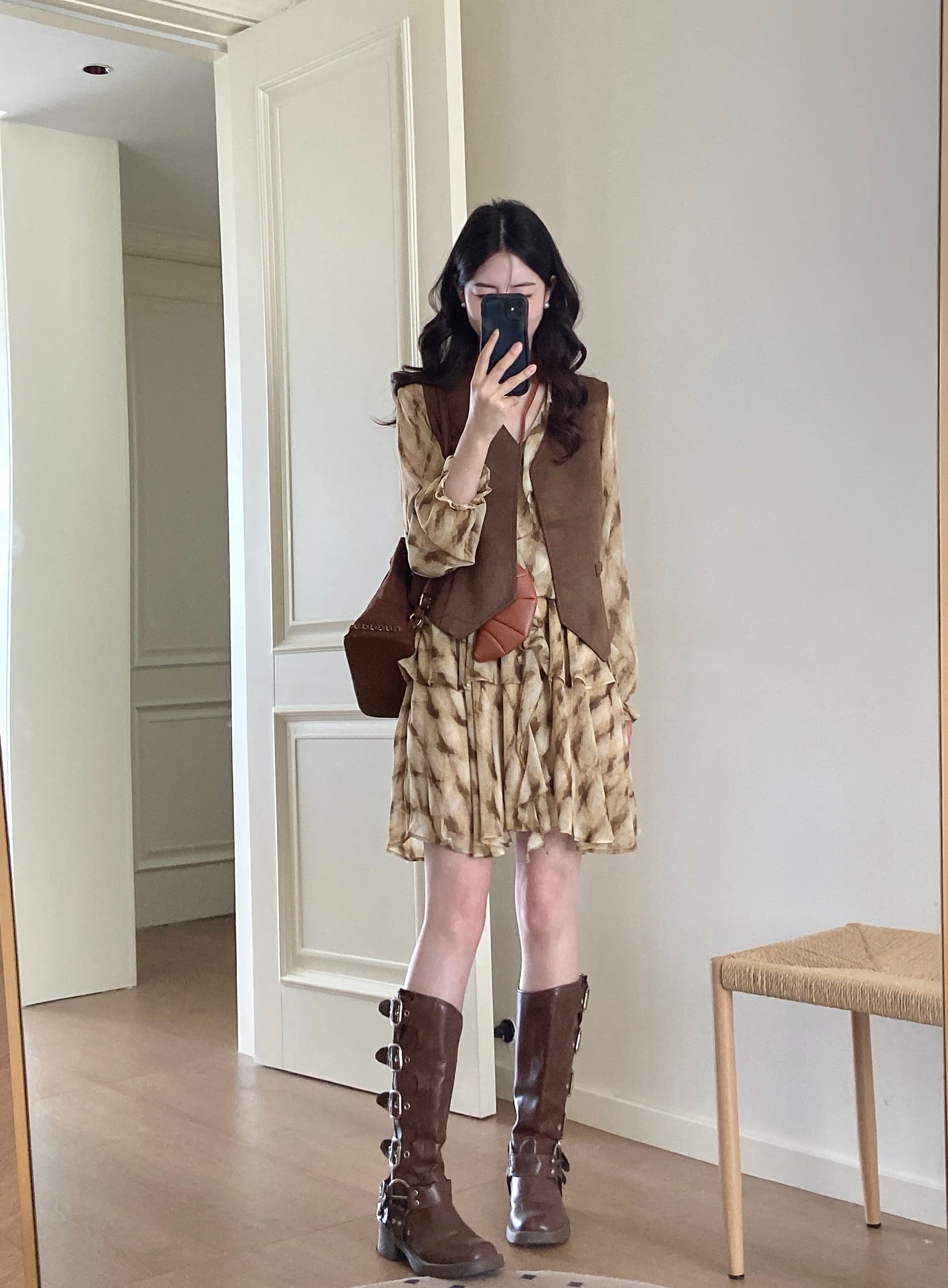 실사 가을 새로운 디자인 센스 V넥 체크무늬 긴팔 셔츠 드레스 레트로 베스트 투피스 슈트