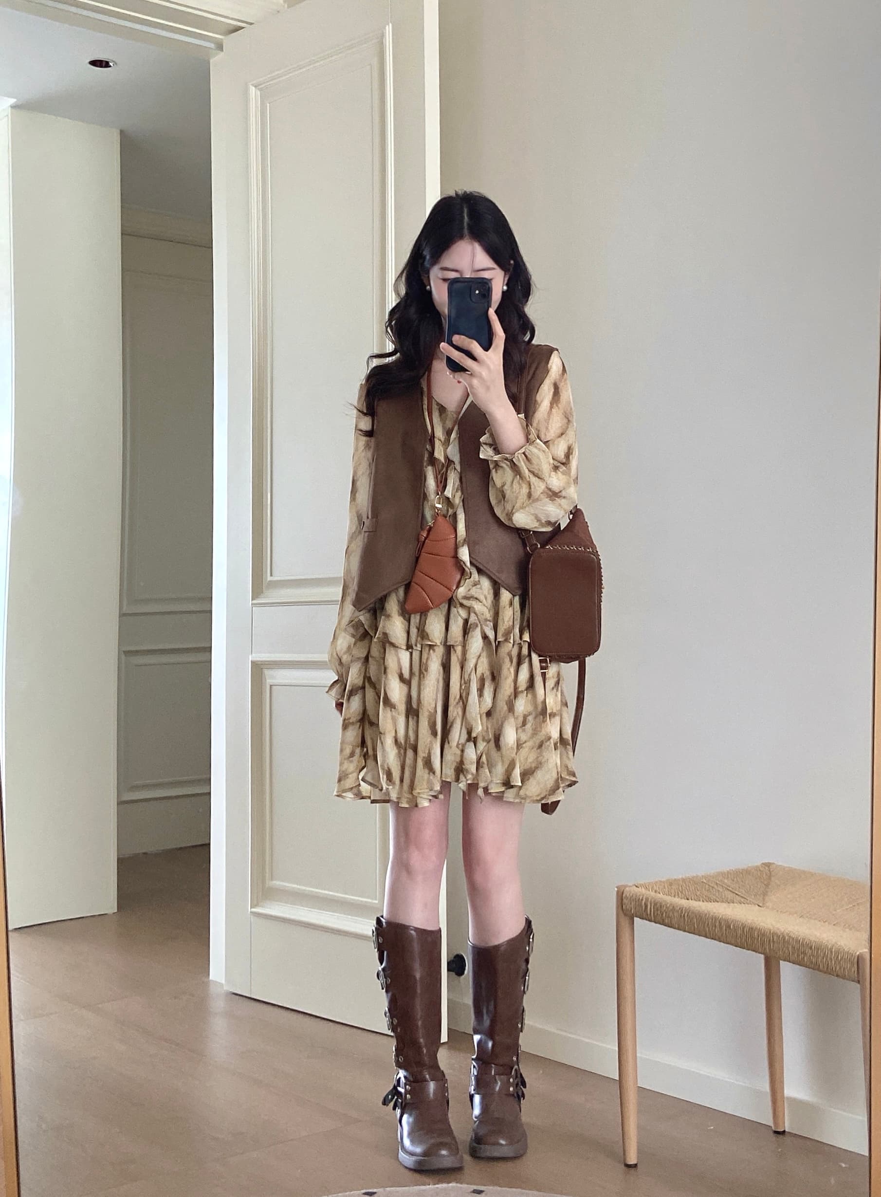 실사 가을 새로운 디자인 센스 V넥 체크무늬 긴팔 셔츠 드레스 레트로 베스트 투피스 슈트 이미지 3