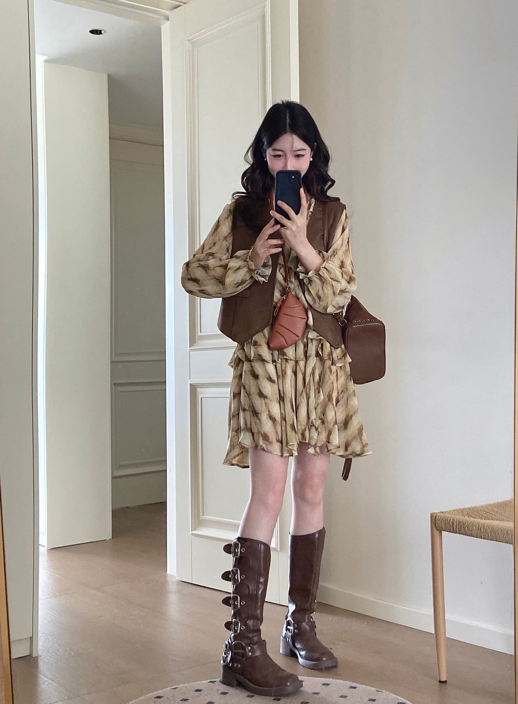 실사 가을 새로운 디자인 센스 V넥 체크무늬 긴팔 셔츠 드레스 레트로 베스트 투피스 슈트 상세 이미지 3