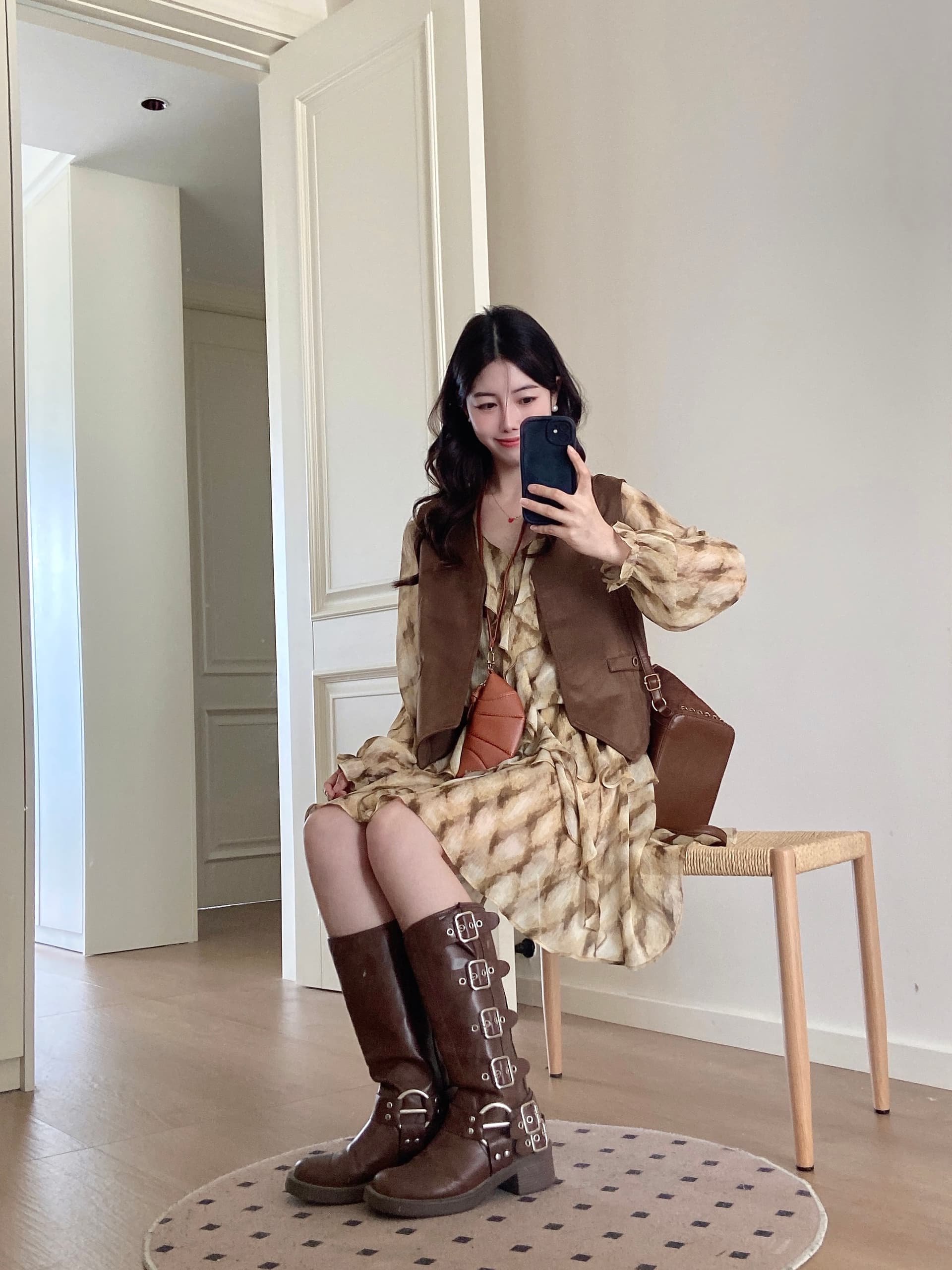 실사 가을 새로운 디자인 센스 V넥 체크무늬 긴팔 셔츠 드레스 레트로 베스트 투피스 슈트 상세 이미지 9