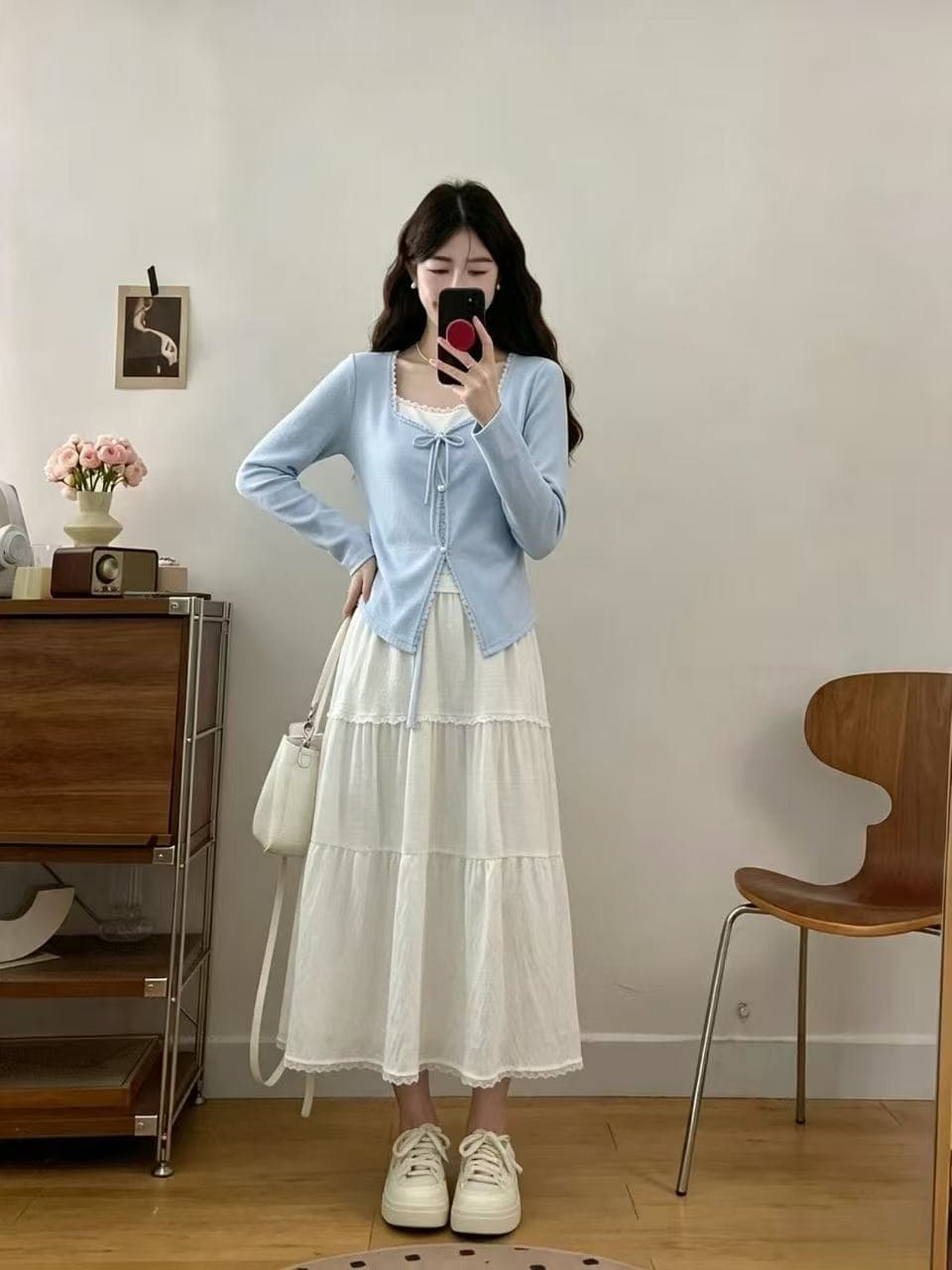 실사 빅 사이즈 디자인 센스 페이크 레이어드 나비 넥타이 긴팔 티셔츠 여성 2026 새로운 표지 고기 슬림해 보이는 맨위 이미지 3