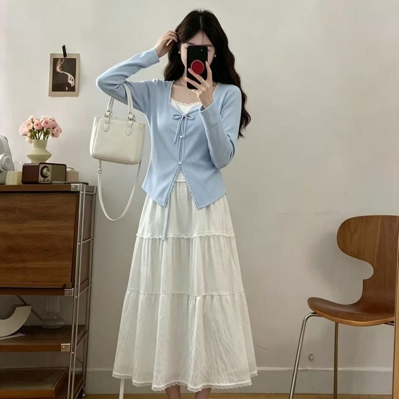 실사 빅 사이즈 디자인 센스 페이크 레이어드 나비 넥타이 긴팔 티셔츠 여성 2026 새로운 표지 고기 슬림해 보이는 맨위 이미지 5