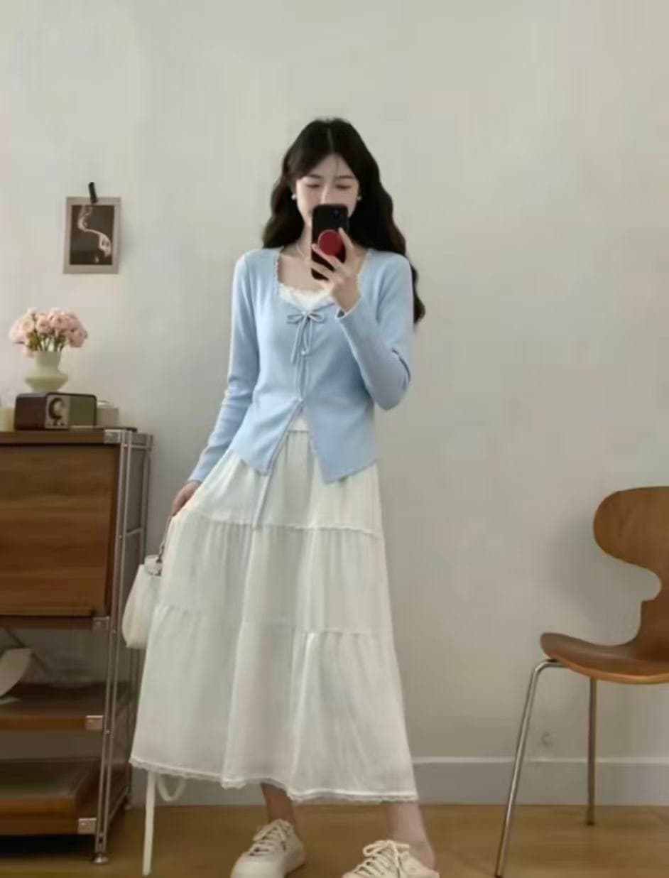 실사 빅 사이즈 디자인 센스 페이크 레이어드 나비 넥타이 긴팔 티셔츠 여성 2026 새로운 표지 고기 슬림해 보이는 맨위 상세 이미지 2