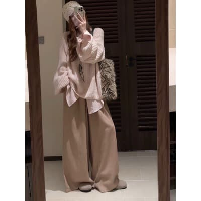 한 부서 느긋한 품격 니트 스웨터 셔츠 봄 가을 새로운 디자인 센스 밴딩 와이드 레그 팬츠 3종 세트 이미지 2