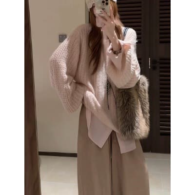 한 부서 느긋한 품격 니트 스웨터 셔츠 봄 가을 새로운 디자인 센스 밴딩 와이드 레그 팬츠 3종 세트 상세 이미지 3