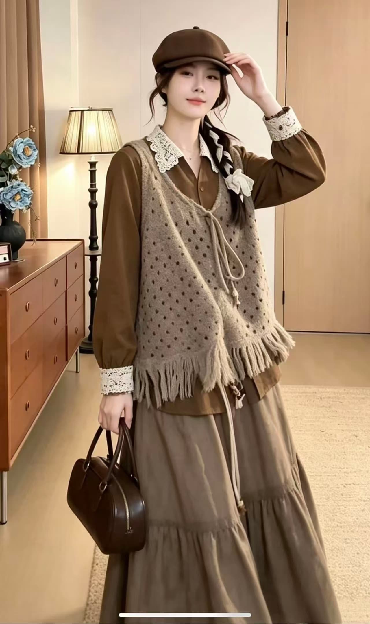 vgvl 작은 주 오족 셔츠 가을 밀가루 레트로 항구 바람 캐주얼 다용도 허리 수축 레이스 셔츠 맨위 가을