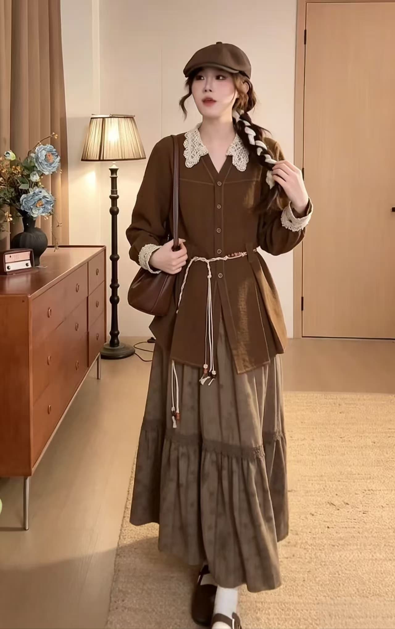 vgvl 작은 주 오족 셔츠 가을 밀가루 레트로 항구 바람 캐주얼 다용도 허리 수축 레이스 셔츠 맨위 가을 이미지 3