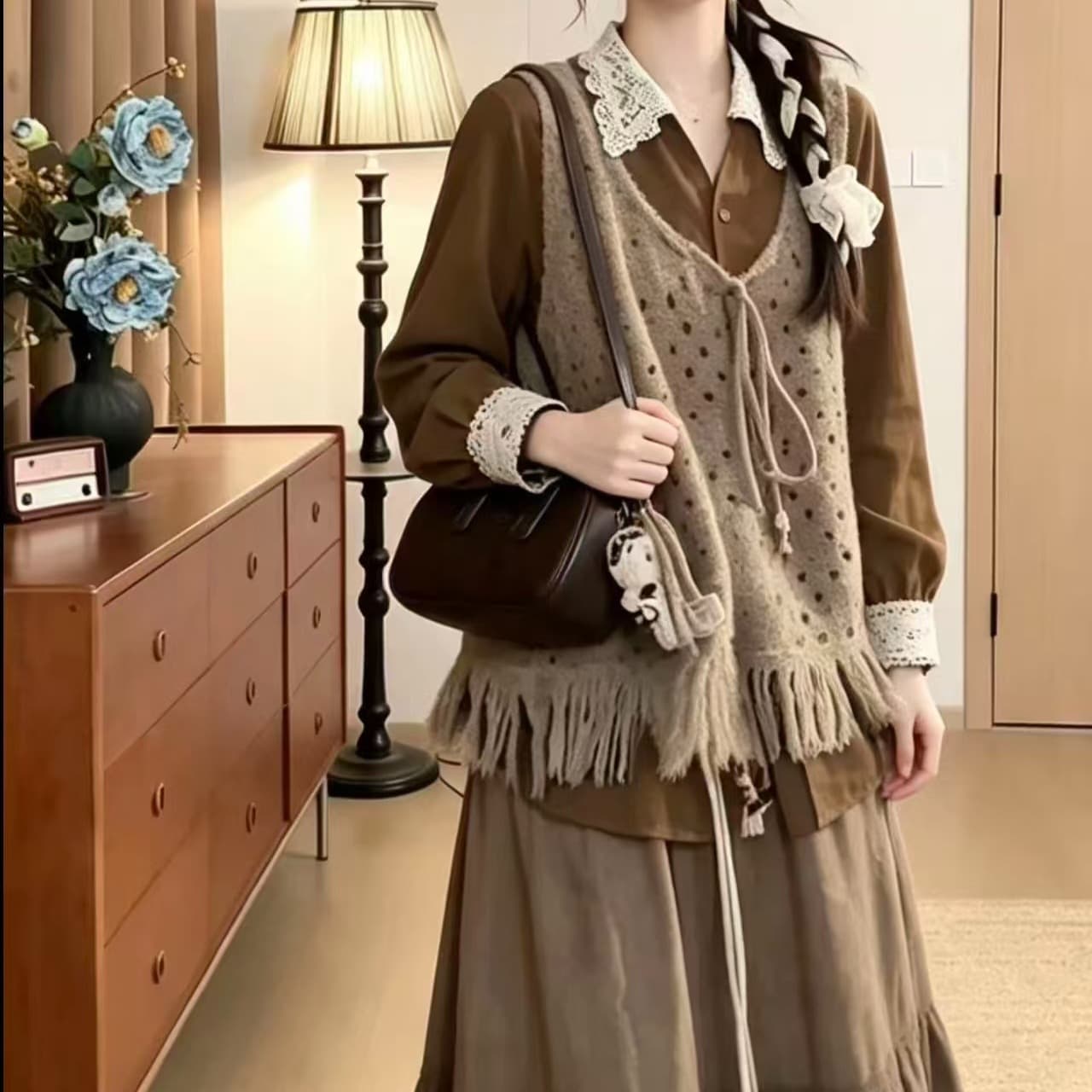 vgvl 작은 주 오족 셔츠 가을 밀가루 레트로 항구 바람 캐주얼 다용도 허리 수축 레이스 셔츠 맨위 가을 이미지 5