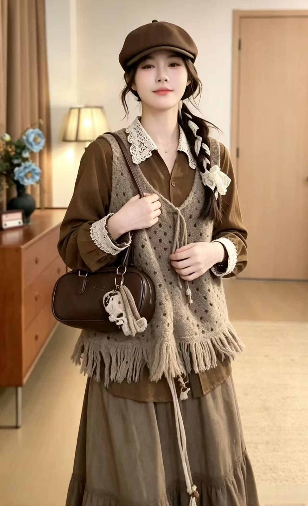 vgvl 작은 주 오족 셔츠 가을 밀가루 레트로 항구 바람 캐주얼 다용도 허리 수축 레이스 셔츠 맨위 가을 상세 이미지 3