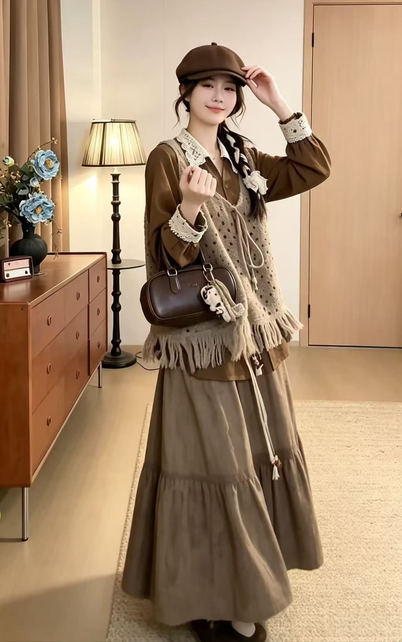 vgvl 작은 주 오족 셔츠 가을 밀가루 레트로 항구 바람 캐주얼 다용도 허리 수축 레이스 셔츠 맨위 가을 상세 이미지 5