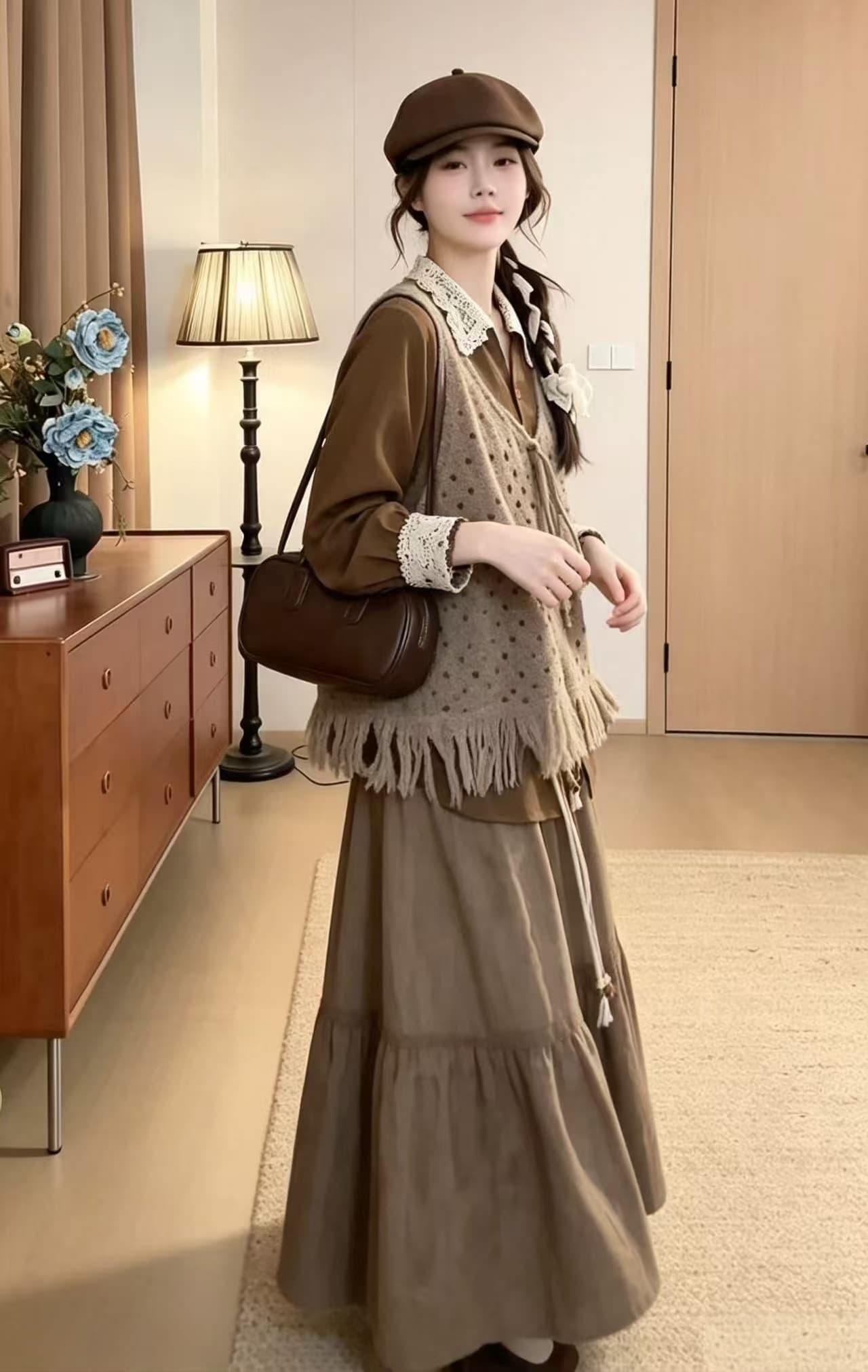 vgvl 작은 주 오족 셔츠 가을 밀가루 레트로 항구 바람 캐주얼 다용도 허리 수축 레이스 셔츠 맨위 가을 상세 이미지 9
