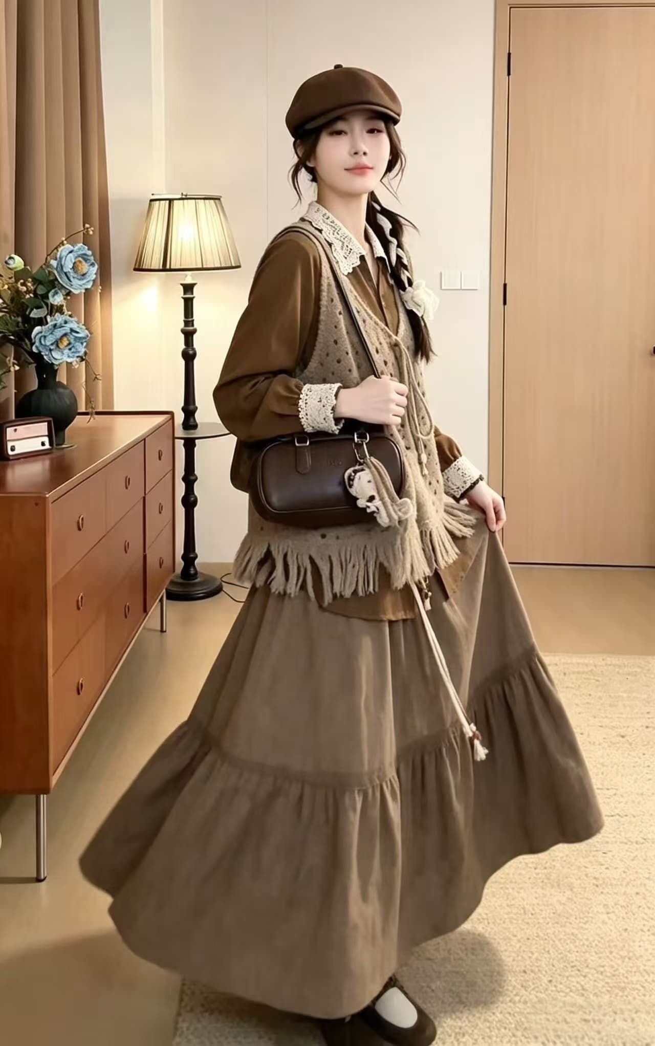 vgvl 작은 주 오족 셔츠 가을 밀가루 레트로 항구 바람 캐주얼 다용도 허리 수축 레이스 셔츠 맨위 가을 상세 이미지 10