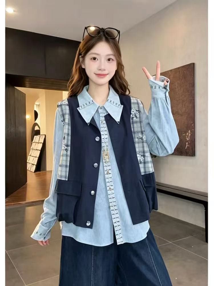 gvl 라운드 맨위 블루 브릿지 레거시 꿈 가을 새로운 디자인 센스 폴로 칼라 외국 가스 레트로 캐주얼 셔츠 상세 이미지 2