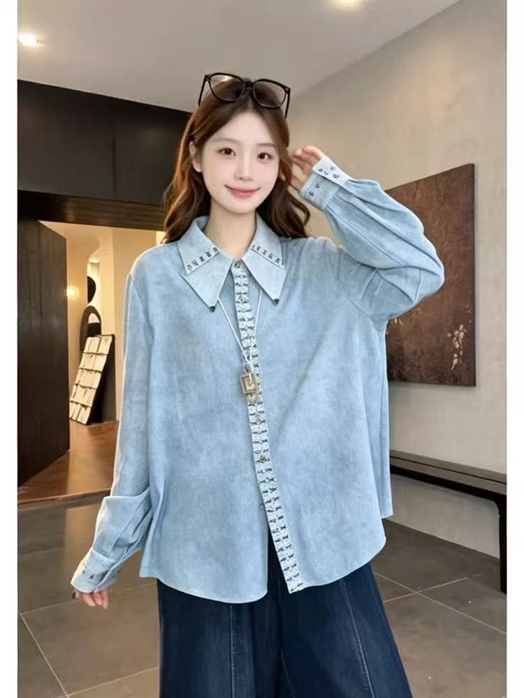 gvl 라운드 맨위 블루 브릿지 레거시 꿈 가을 새로운 디자인 센스 폴로 칼라 외국 가스 레트로 캐주얼 셔츠 상세 이미지 4