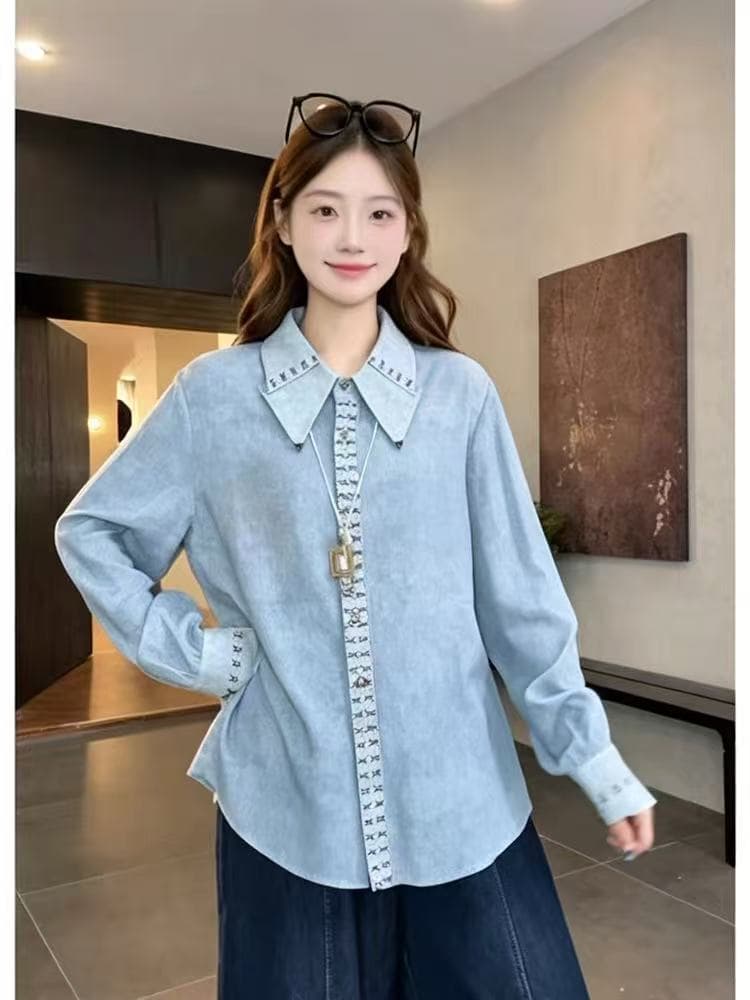 gvl 라운드 맨위 블루 브릿지 레거시 꿈 가을 새로운 디자인 센스 폴로 칼라 외국 가스 레트로 캐주얼 셔츠 상세 이미지 6