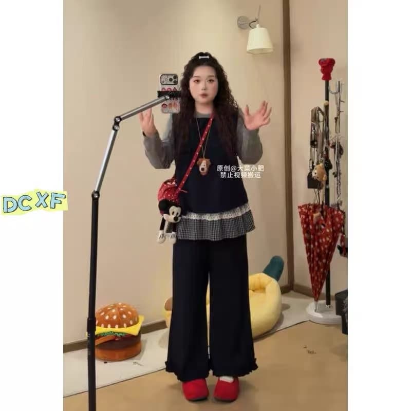 큰 접시 작은 지방 맞춤 빅 사이즈 긴팔 맨위 베스트 와이드 레그 팬츠 이른 가을 슬림해 보이는 3종 세트 이미지 5