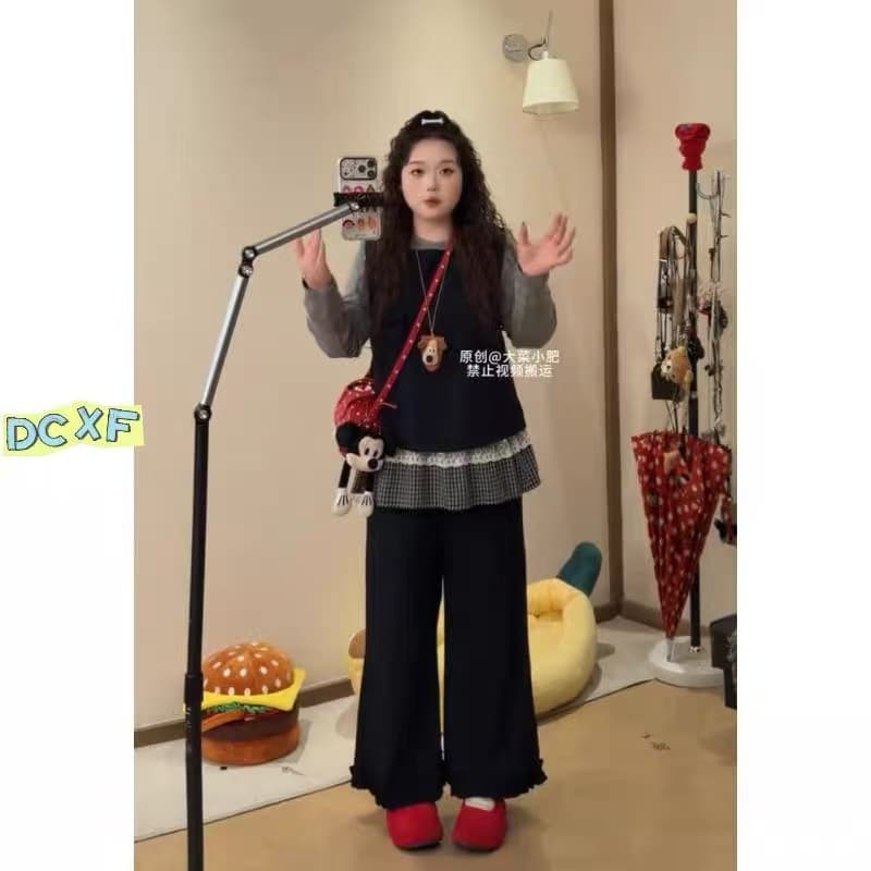 큰 접시 작은 지방 맞춤 빅 사이즈 긴팔 맨위 베스트 와이드 레그 팬츠 이른 가을 슬림해 보이는 3종 세트 상세 이미지 2