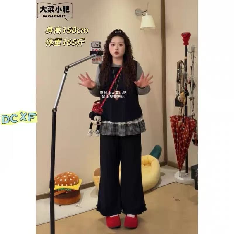 큰 접시 작은 지방 맞춤 빅 사이즈 긴팔 맨위 베스트 와이드 레그 팬츠 이른 가을 슬림해 보이는 3종 세트 상세 이미지 6