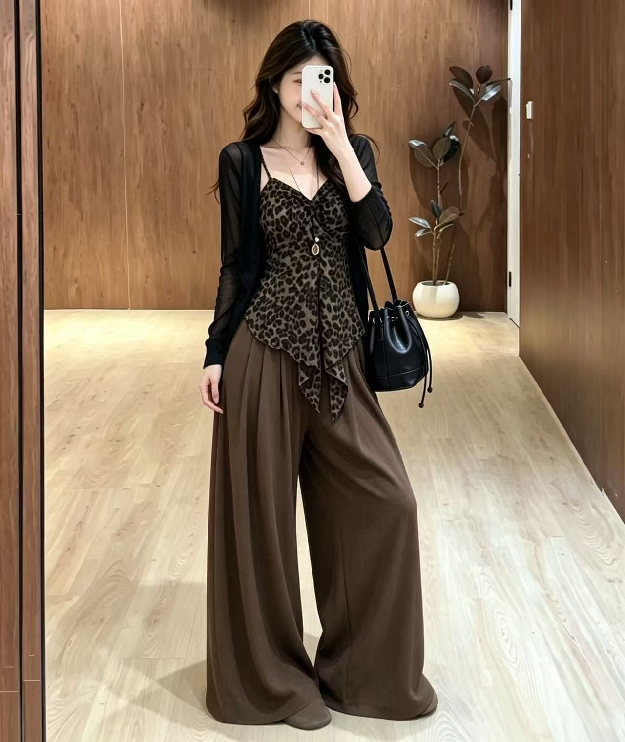 실사 한 부서 달콤함 슬립 코디 숄 와이드 레그 팬츠 외국 가스 연령 감소 슬림해 보이는 세트 이미지 3