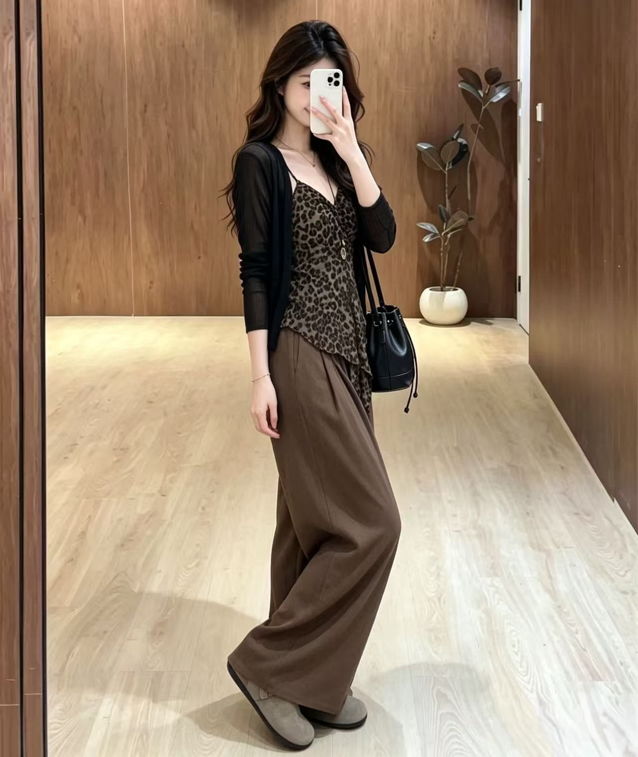 실사 한 부서 달콤함 슬립 코디 숄 와이드 레그 팬츠 외국 가스 연령 감소 슬림해 보이는 세트 이미지 4