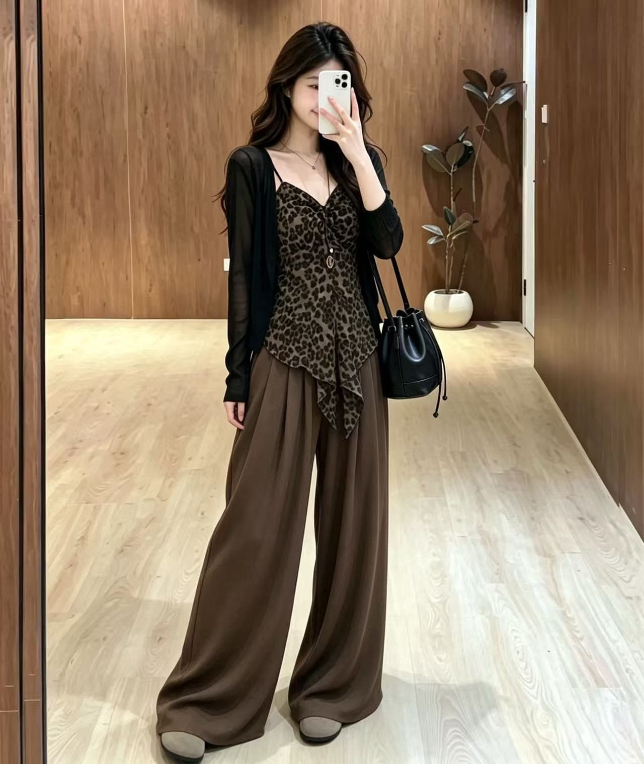실사 한 부서 달콤함 슬립 코디 숄 와이드 레그 팬츠 외국 가스 연령 감소 슬림해 보이는 세트 이미지 5