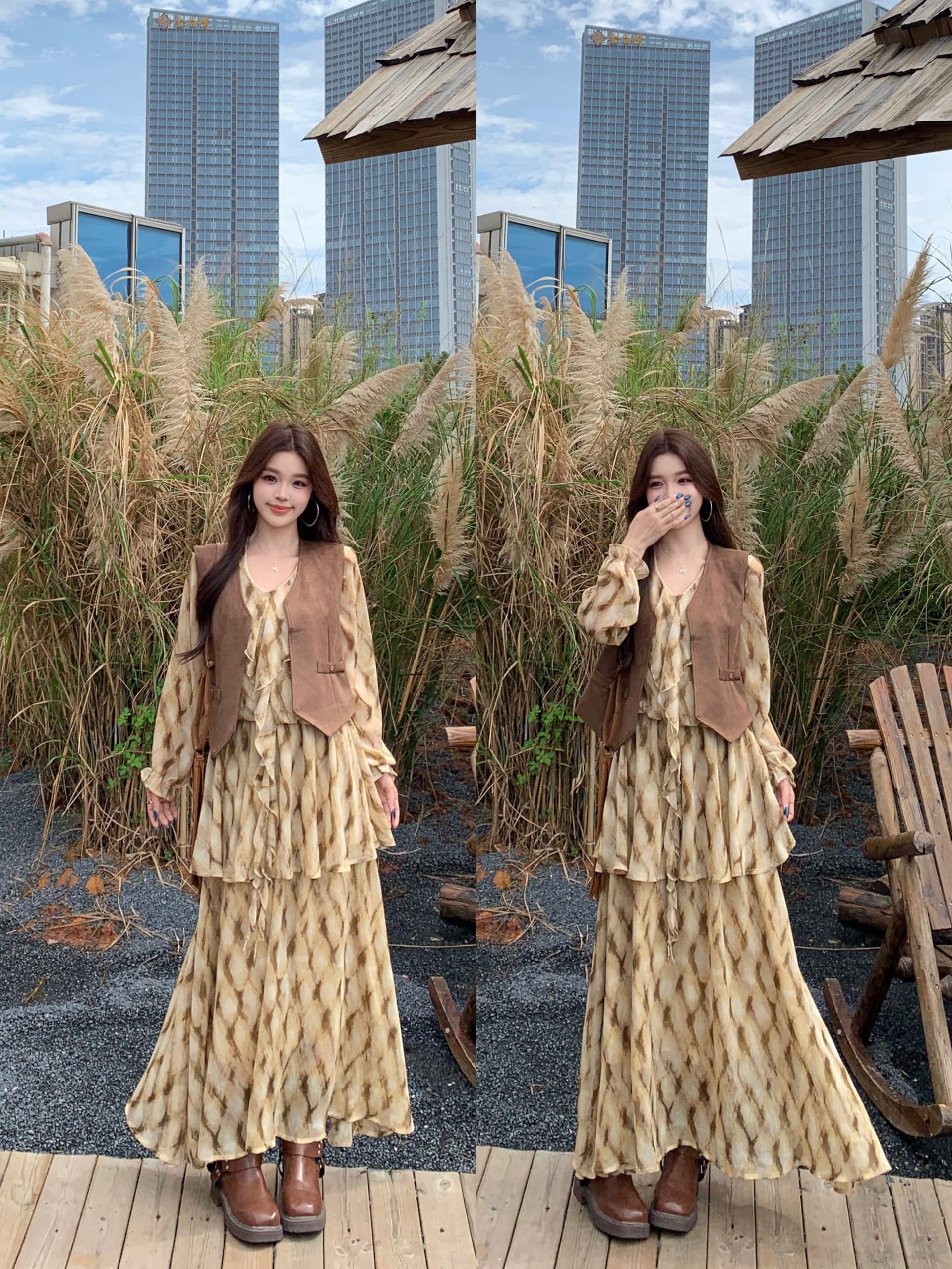 실사 가을 새로운 디자인 센스 V넥 체크무늬 긴팔 셔츠 드레스 레트로 베스트 투피스 슈트 상세 이미지 2