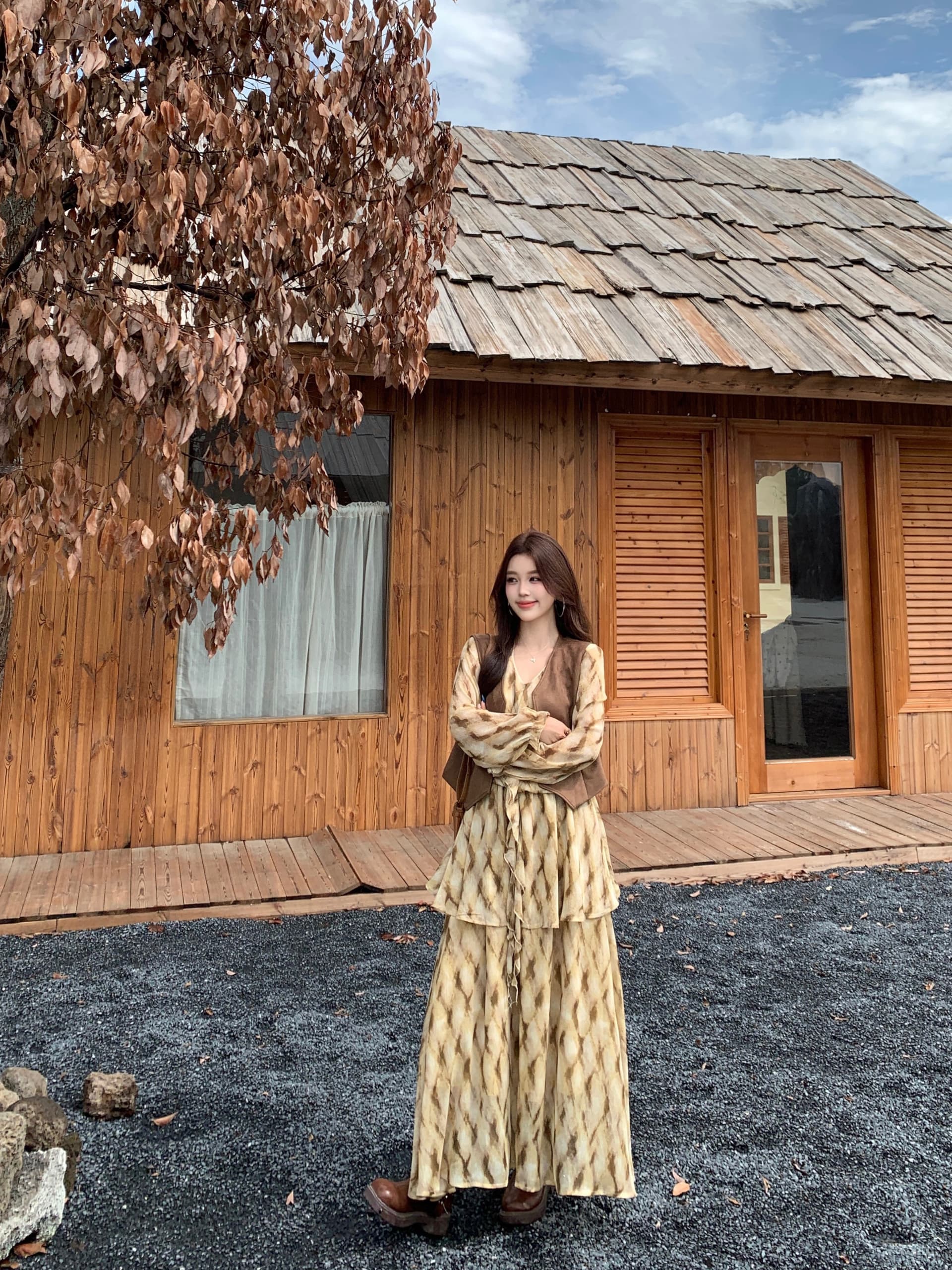 실사 가을 새로운 디자인 센스 V넥 체크무늬 긴팔 셔츠 드레스 레트로 베스트 투피스 슈트 상세 이미지 9