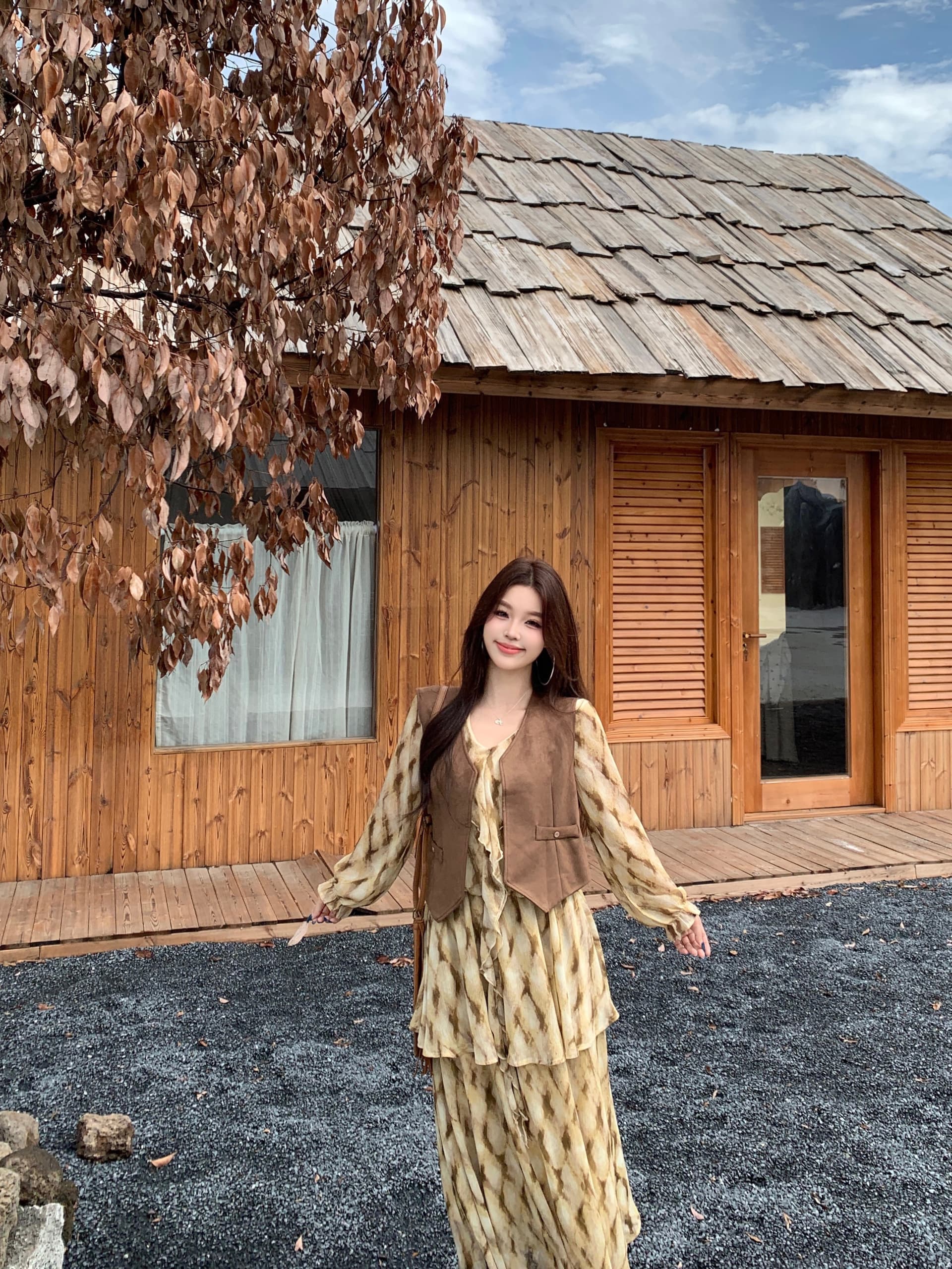 실사 가을 새로운 디자인 센스 V넥 체크무늬 긴팔 셔츠 드레스 레트로 베스트 투피스 슈트 상세 이미지 11