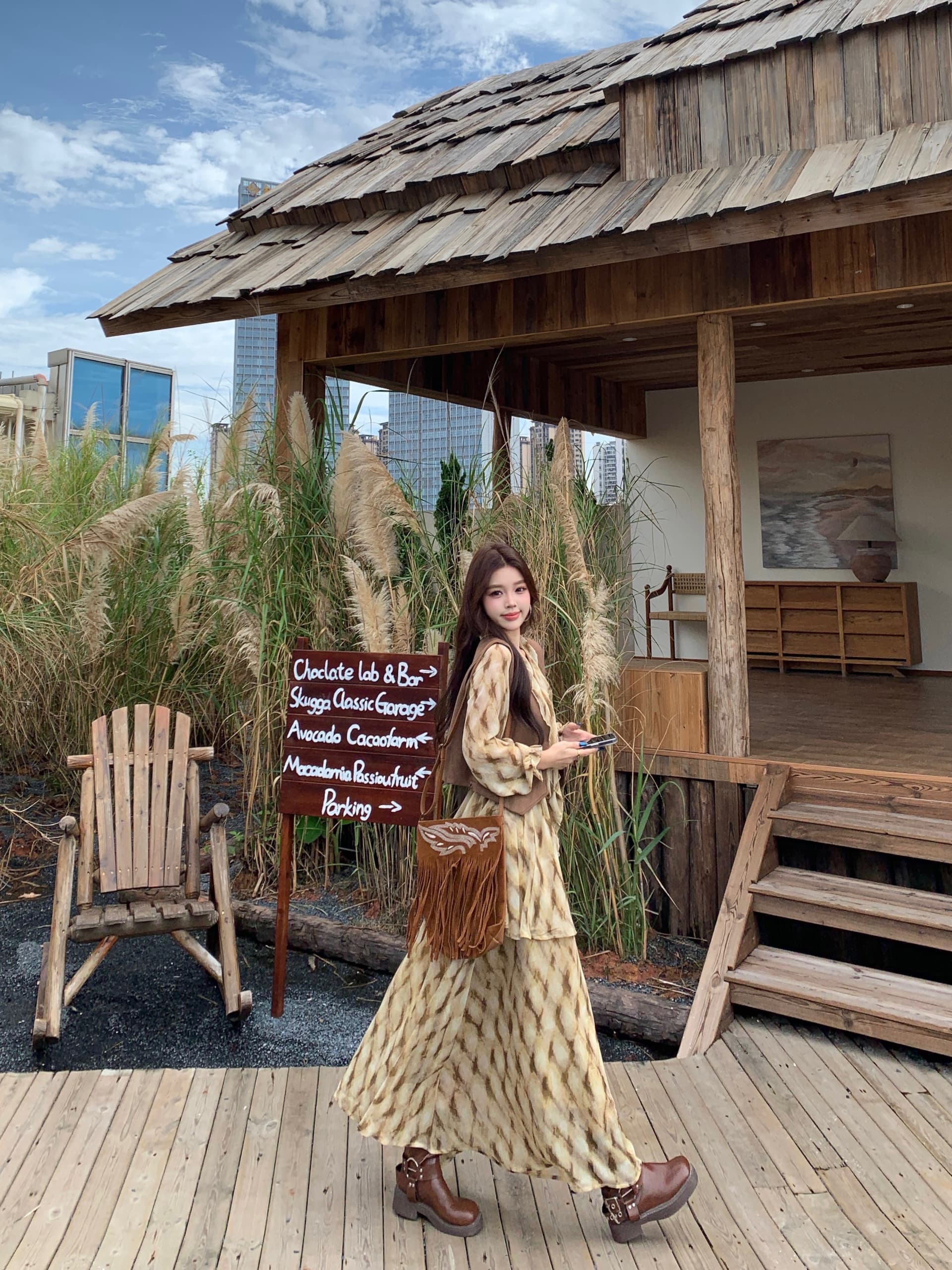 실사 가을 새로운 디자인 센스 V넥 체크무늬 긴팔 셔츠 드레스 레트로 베스트 투피스 슈트 상세 이미지 17