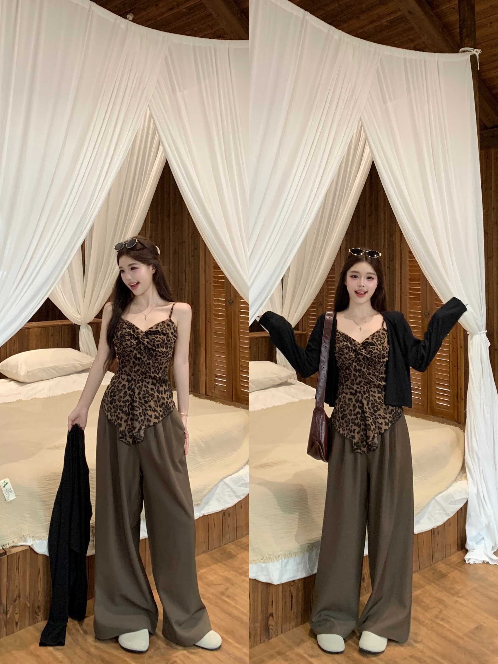 실사 한 부서 달콤함 슬립 코디 숄 와이드 레그 팬츠 외국 가스 연령 감소 슬림해 보이는 세트 상세 이미지 2