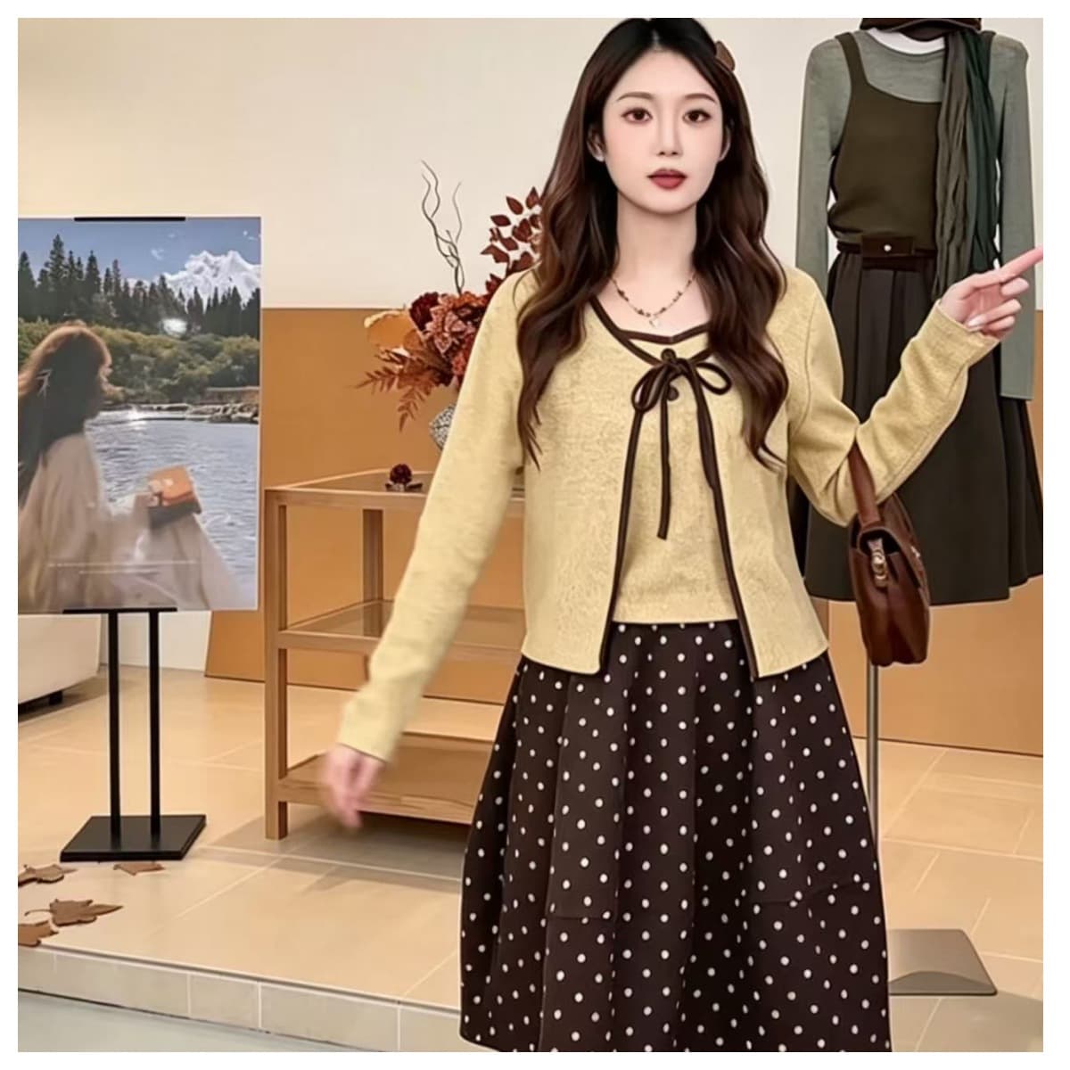 석양의 잔조. 동대문 가을 외국 가스 레트로 털 플러시 표면 분위기 센스 디스플레이 화이트 품격 투피스 세트 이미지 3