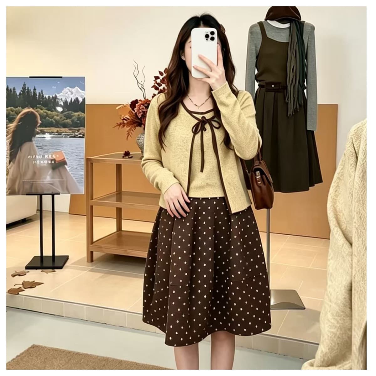 석양의 잔조. 동대문 가을 외국 가스 레트로 털 플러시 표면 분위기 센스 디스플레이 화이트 품격 투피스 세트 상세 이미지 3