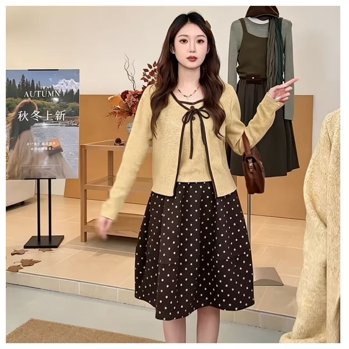 석양의 잔조. 동대문 가을 외국 가스 레트로 털 플러시 표면 분위기 센스 디스플레이 화이트 품격 투피스 세트 상세 이미지 4
