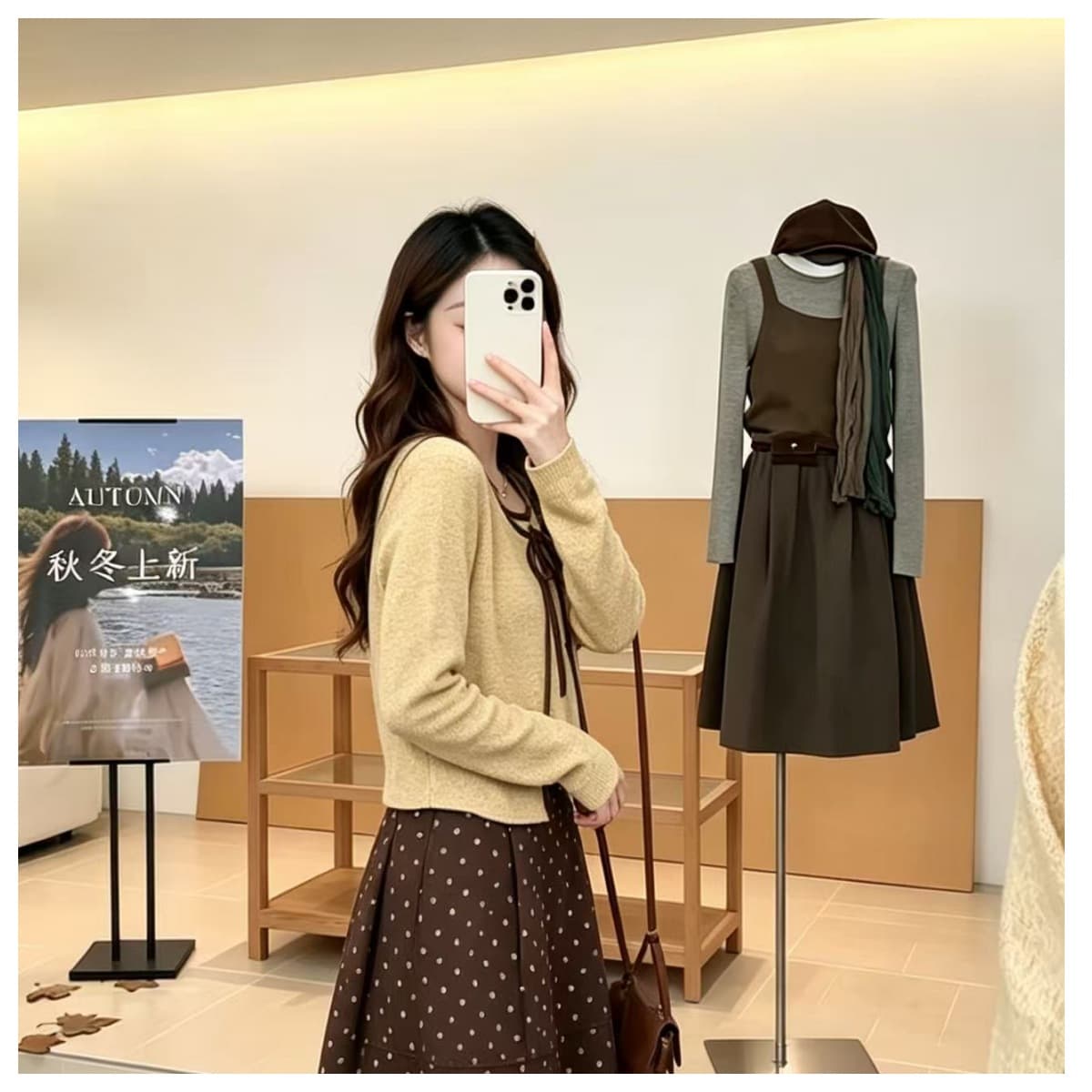 석양의 잔조. 동대문 가을 외국 가스 레트로 털 플러시 표면 분위기 센스 디스플레이 화이트 품격 투피스 세트 상세 이미지 8