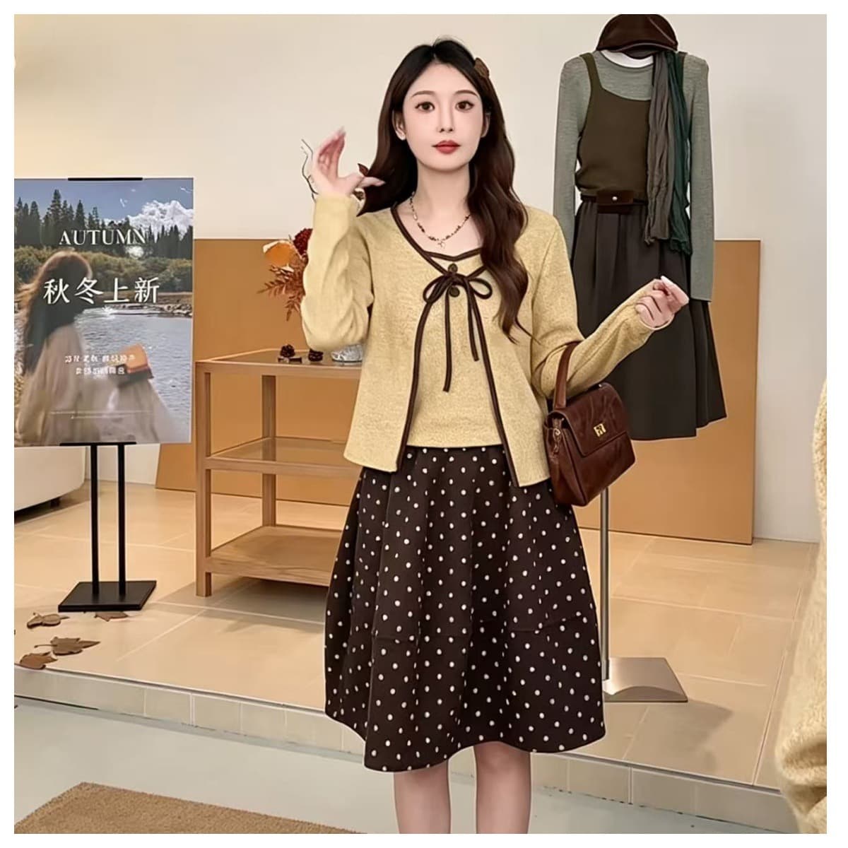 석양의 잔조. 동대문 가을 외국 가스 레트로 털 플러시 표면 분위기 센스 디스플레이 화이트 품격 투피스 세트 이미지 5