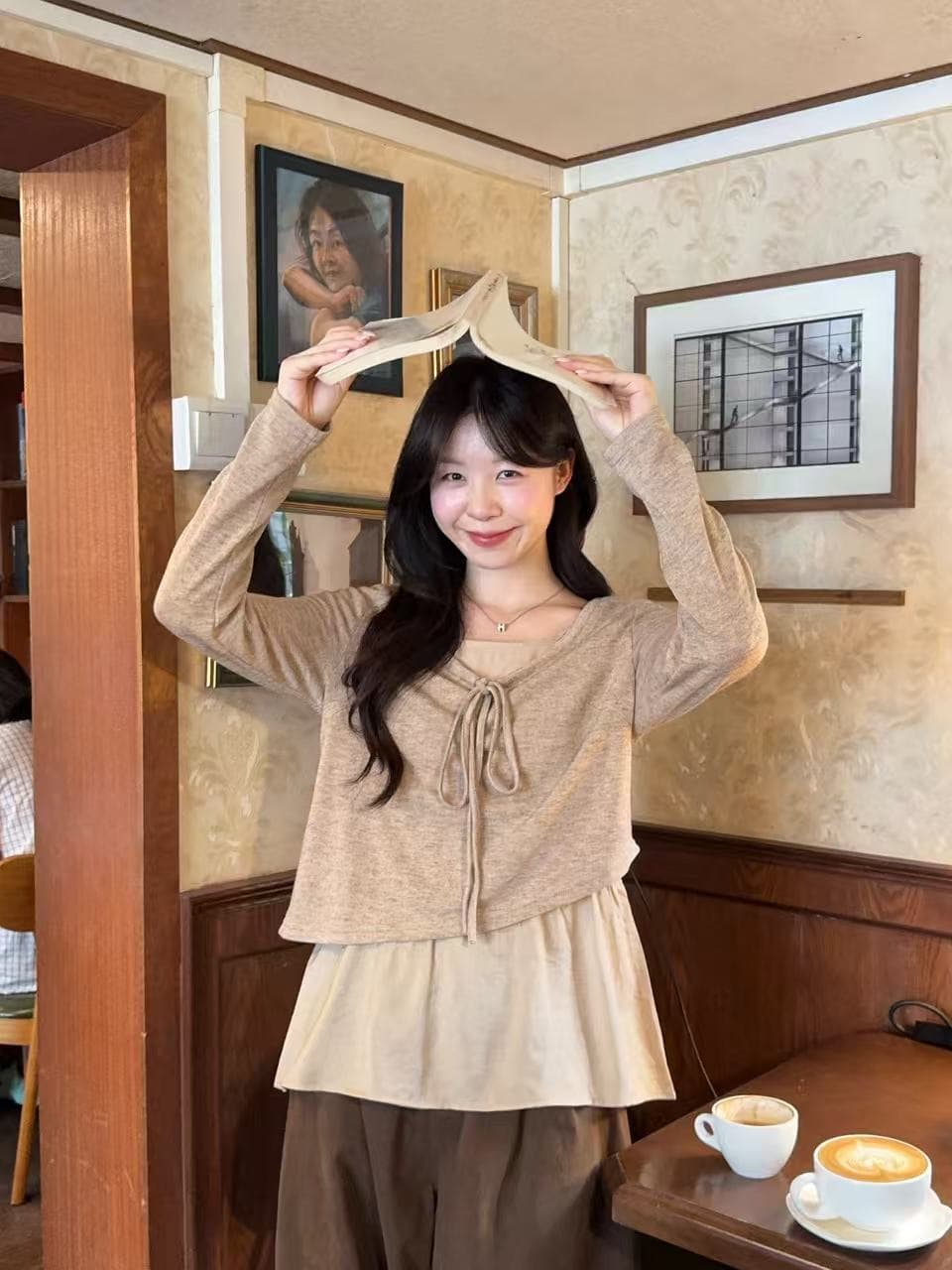 실사 2026 가을 의상 새로운 지방 mm 빅 사이즈 여성 패션 디자인 센스 배색 패치워크 프릴 긴팔 맨위