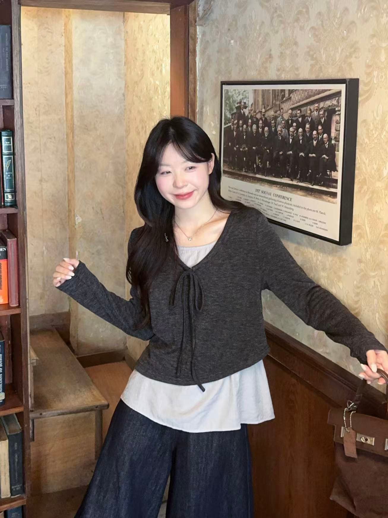 실사 2026 가을 의상 새로운 지방 mm 빅 사이즈 여성 패션 디자인 센스 배색 패치워크 프릴 긴팔 맨위 이미지 2