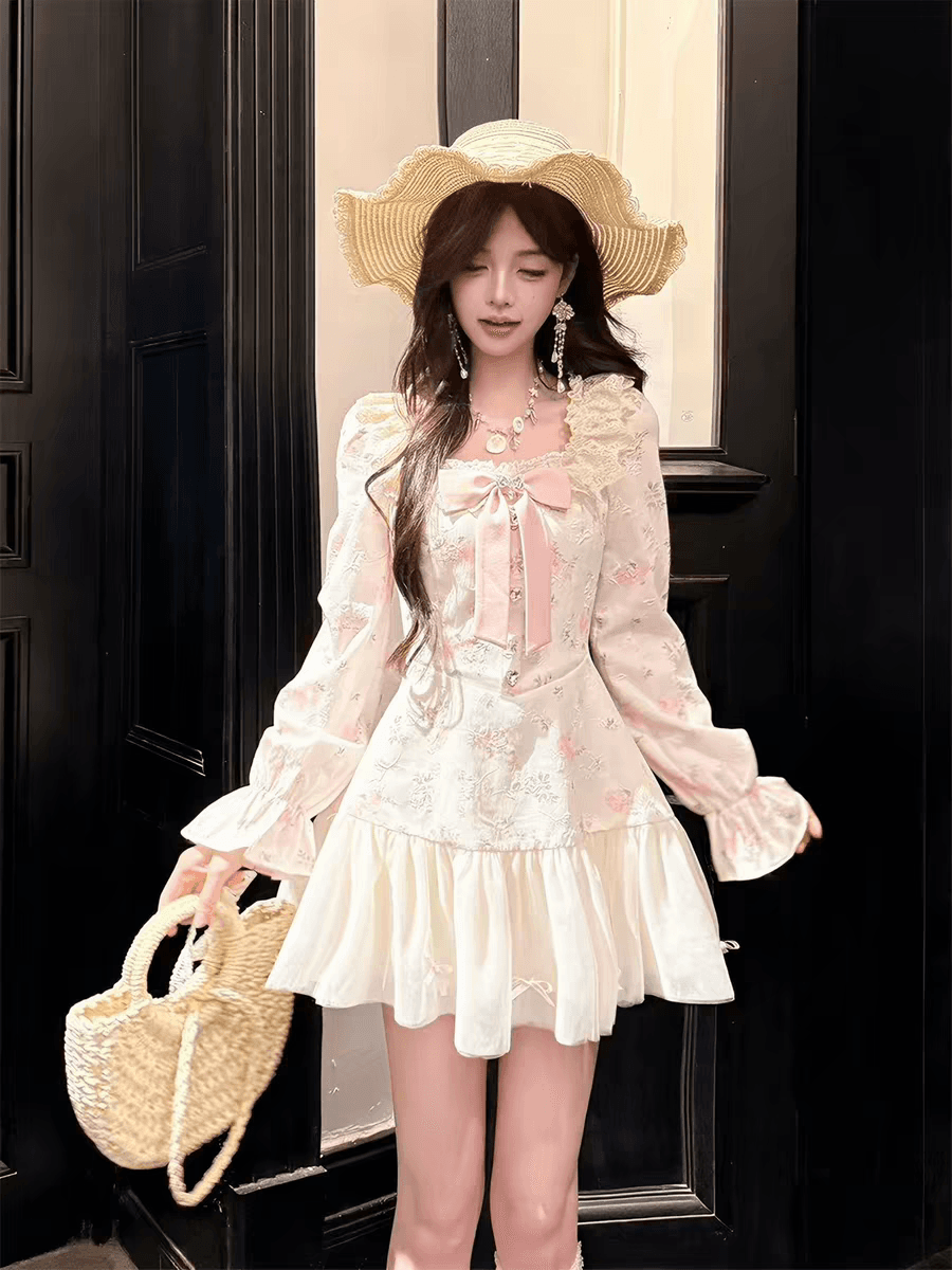 달콤함 소녀 센스 꽃무늬 여성 드레스 봄 여름 2026 새로운 품격 나비 매듭 허리 수축 슬림해 보이는 길다 치마 이미지 3