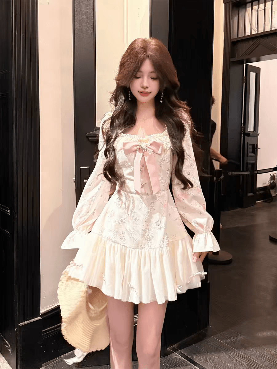 달콤함 소녀 센스 꽃무늬 여성 드레스 봄 여름 2026 새로운 품격 나비 매듭 허리 수축 슬림해 보이는 길다 치마 상세 이미지 2