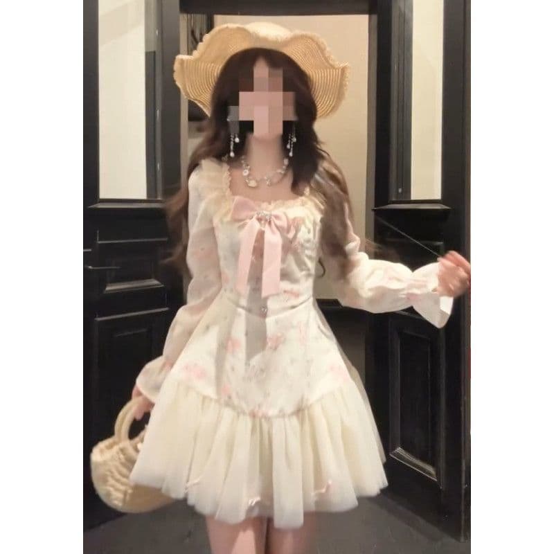 달콤함 소녀 센스 꽃무늬 여성 드레스 봄 여름 2026 새로운 품격 나비 매듭 허리 수축 슬림해 보이는 길다 치마 상세 이미지 6
