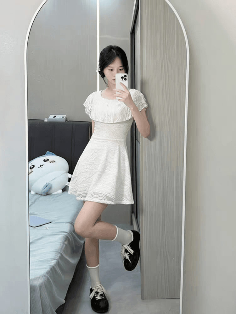 고대 복장 vintage 화이트 레이스 여성 드레스 여름 2026 새로운 작은 키 허리 수축 슬림해 보이는 짧은 치마 상세 이미지 3