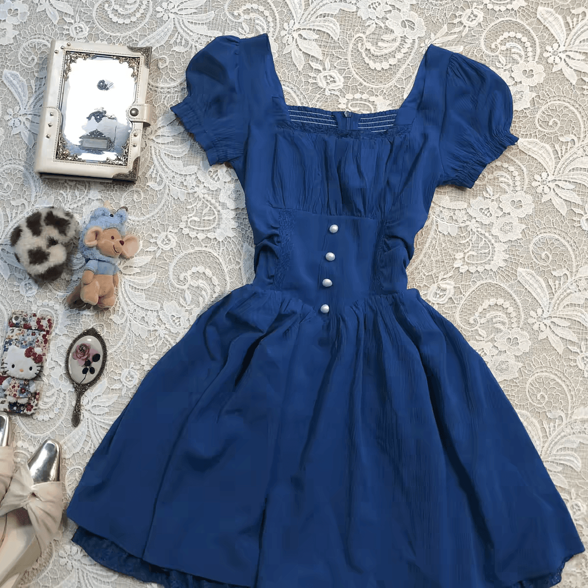 보물 코코넛 소녀 오리지널 빨간색 달콤함 슬림해 보이는 허리 수축 광장 칼라 여성 드레스 작은 대중 vintage 예복 치마 이미지 2