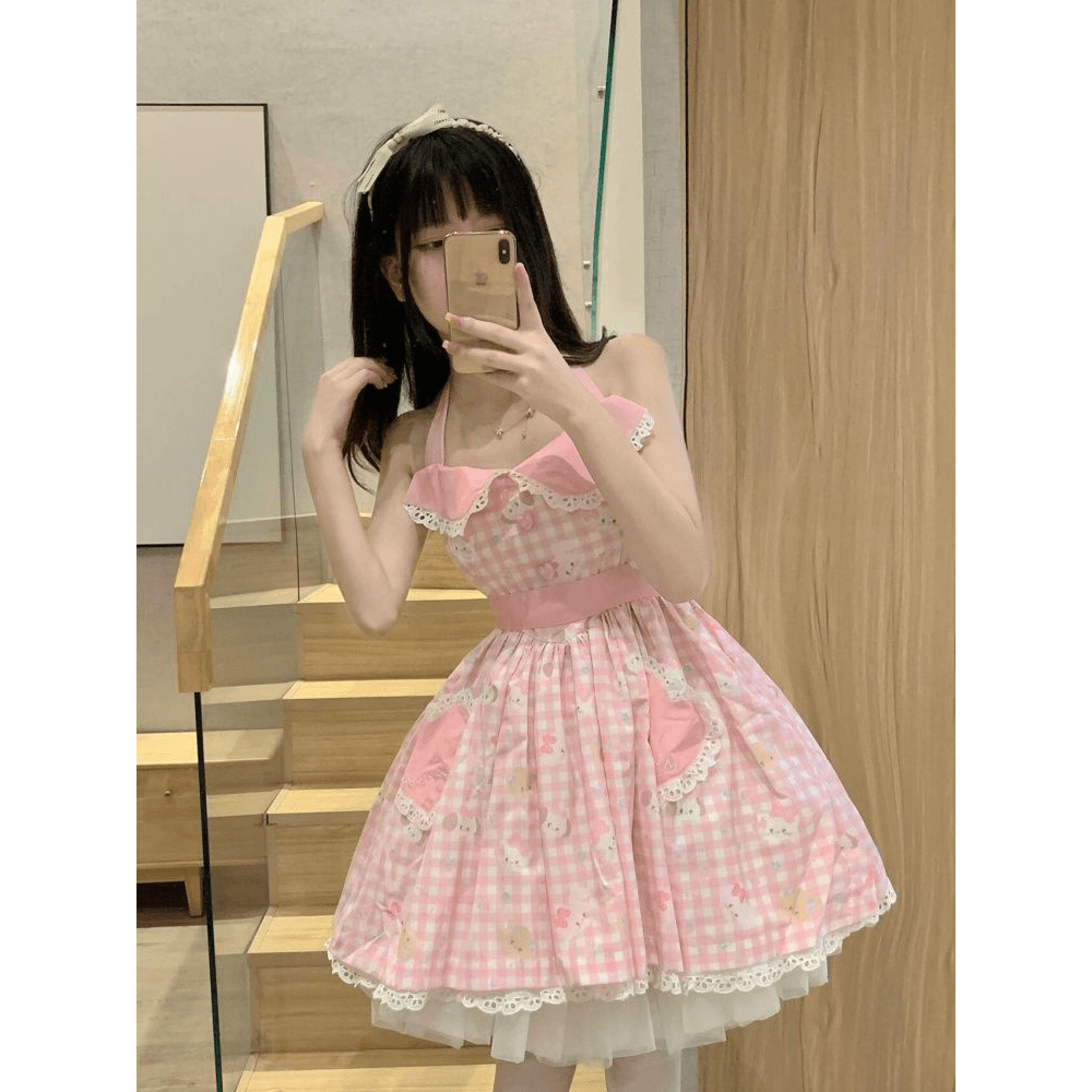 복숭아 섬 신음 달콤함 부드러운 멩 핑크색 체크무늬 여성 드레스 여름 새로운 귀여운 만화 행침 목 치마 이미지 5