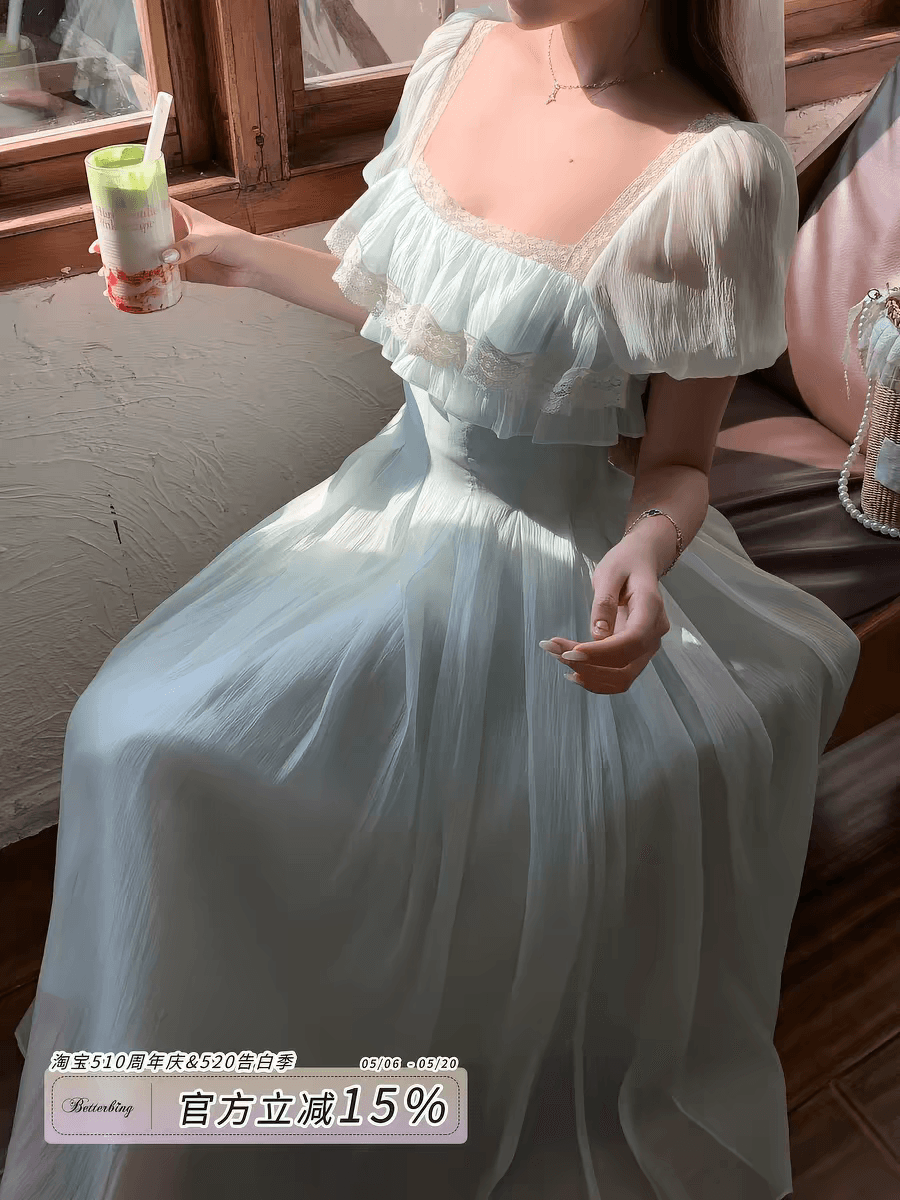 얼음 얼음 오는 丨 박하 녹색 레몬 프랑스식 신선함 소녀 센스 광장 칼라 롱 스커트 하이웨이스트 한 마디 드레스 이미지 3